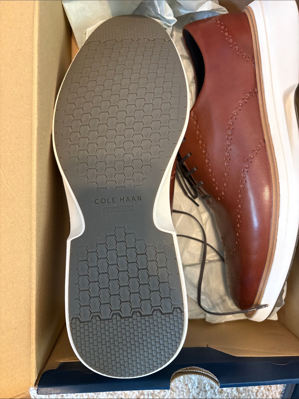 Cole Haan Men's Brown Leather Wingtip Oxfords with White Sole - Picture 2 of 6